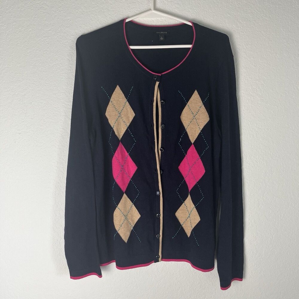 Talbots Cardigan Sweater Large  Argyle Blue Pink Lightweight Cashmere Cotton 209